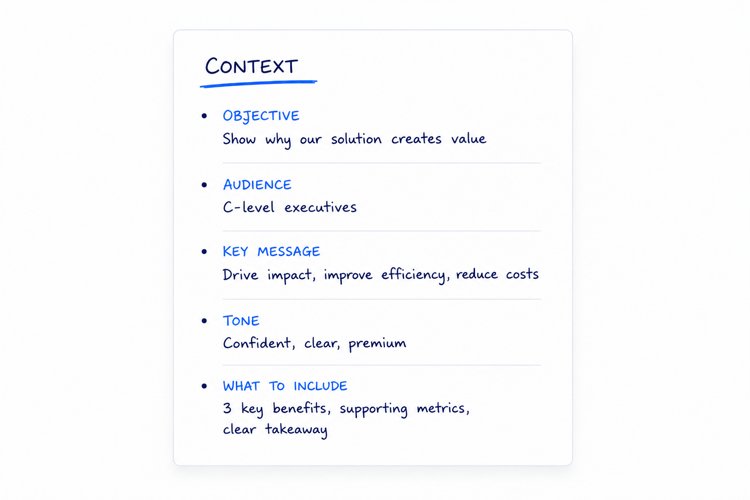 Context brief defining the objective, audience, key message, tone, and required content